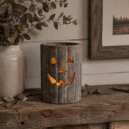 Halloween Gift for Home Decor Pumpkin Candle Holder, Resin Hollow Candlestick, Vintage Country Decorative Ghost Table Ornaments Style Lantern Tabletop