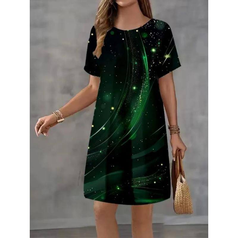 Fashion Women's Crew Neck Dress 3D Casual Color Printing Casual Dress Crew Neck Dress