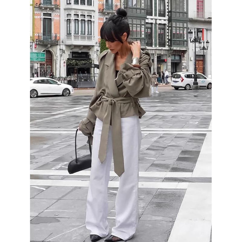 Damen Einfarbig Langarm Schnürjacke Mode Einfarbig Revers Gürtel Kurz Locker Trenchcoat Herbst Täglich High Street Oberbekleidung