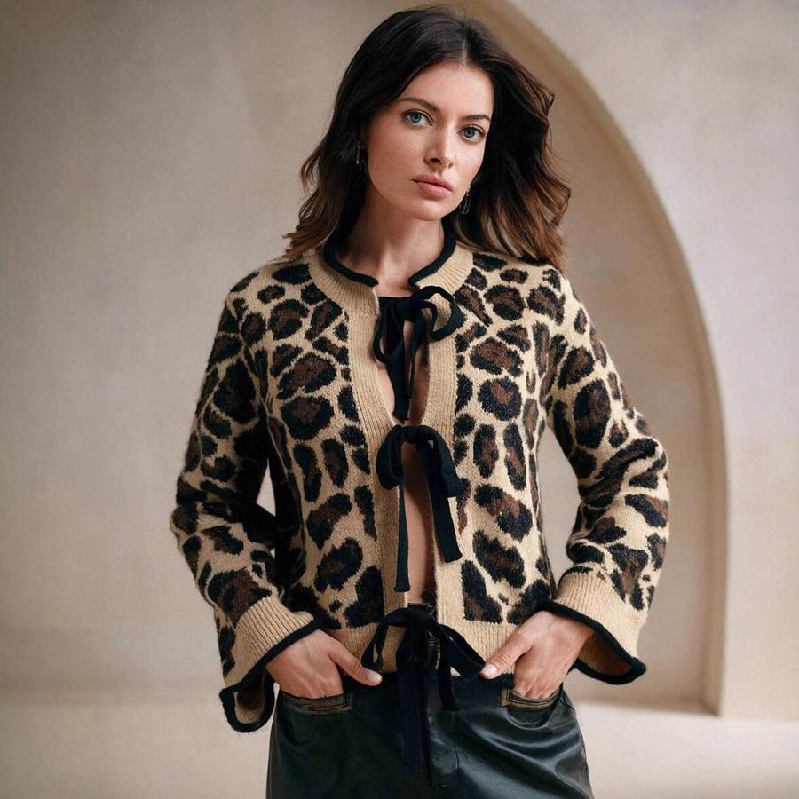 

Autumn New Leopard Print Knit Sweater Women s Open Cardigan Loose Lazy Style Internet Celebrity Rope Knit Top Outerwear XL темного кольору хакі