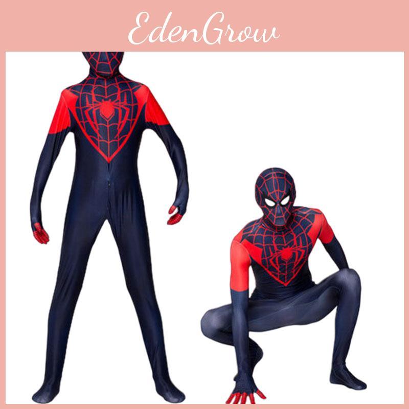 Spider-Man Miles Morales Cosplay-Kostüm für Erwachsene und Kinder, bestehend aus Overall und Kapuze aus Polyesterfaser