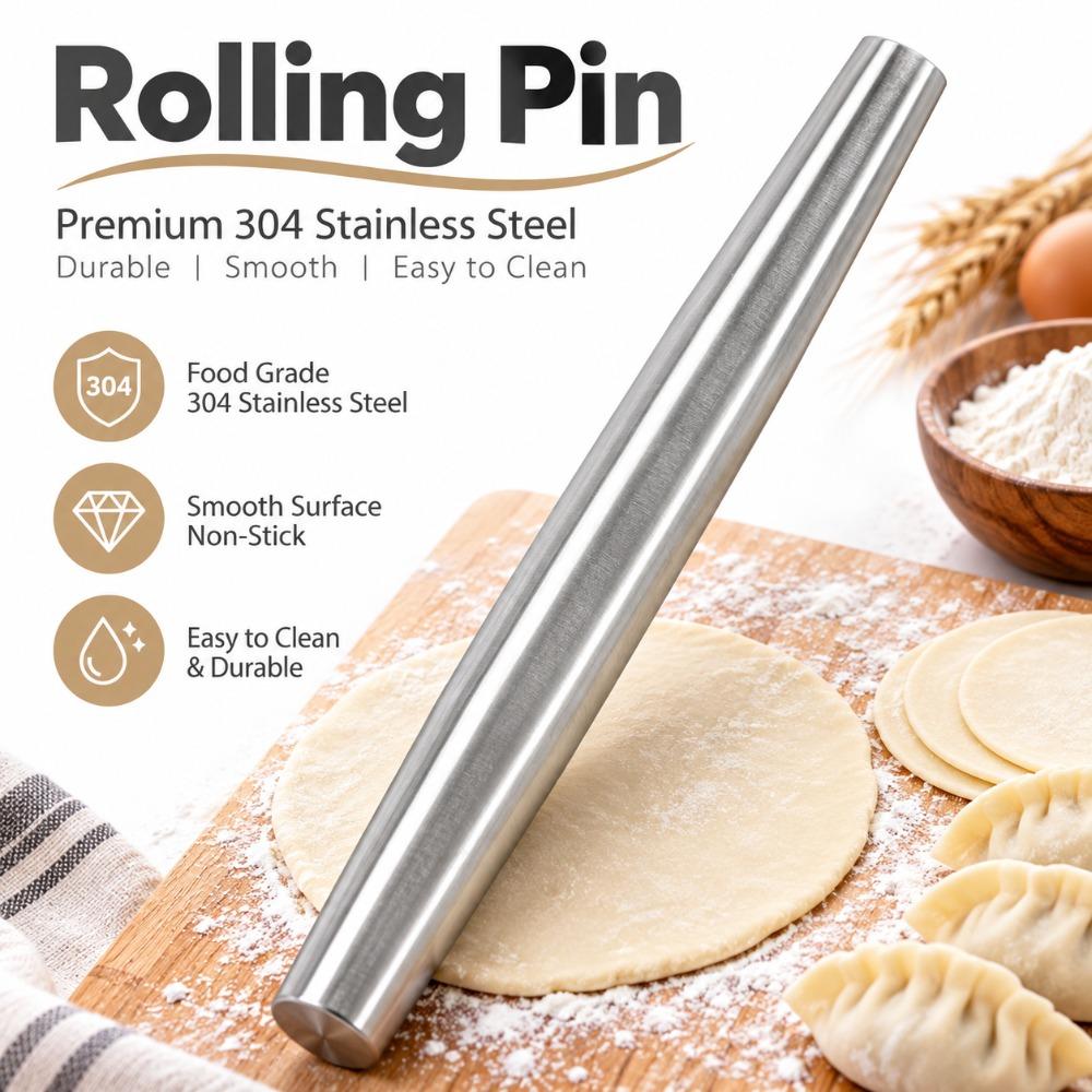 304 Stainless Steel Rolling Pin Non-Stick Metal Dough Roller Pastry Rolling Pin Fondant Pizza