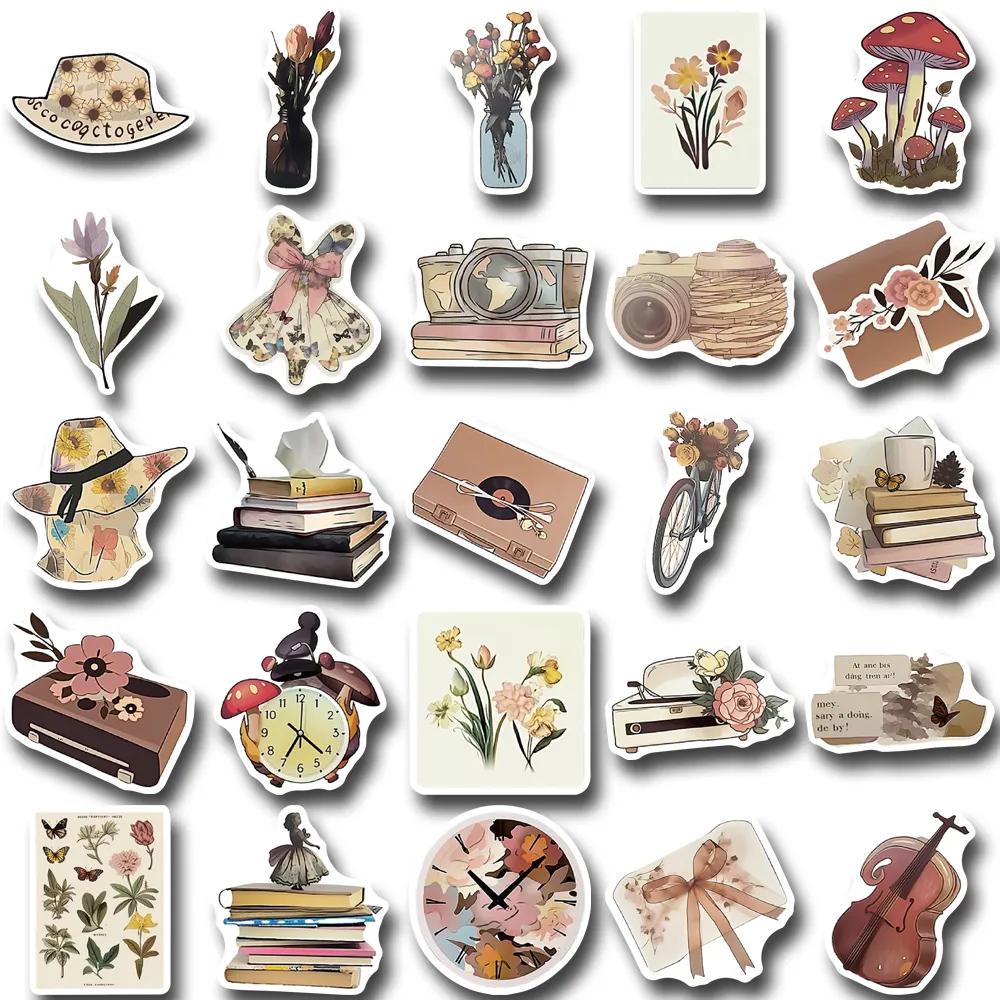10/30/50pcs Vintage Flower Art Aesthetic Stickers Cartoon Retro Style Graffiti Decals Luggage Laptop Phone Diary Sticker Packing