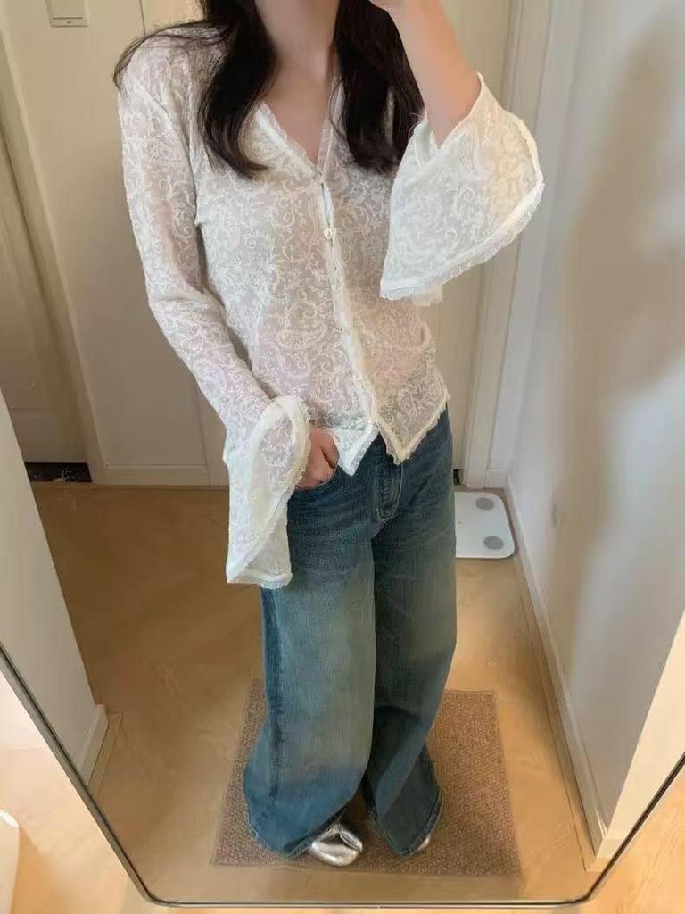 Spring-Summer Korean V-Neck 3D Floral Lace Blouse - Sheer Long Sleeve Sun Protection Top for Women