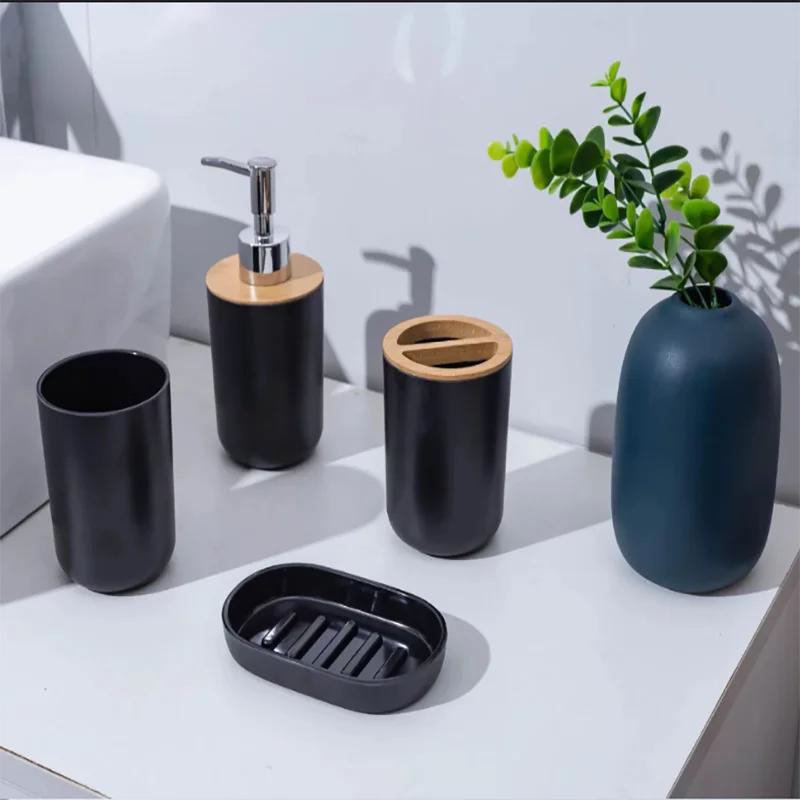 4-piece Black Bathroom Accessories Set Plastic Toothbrush Holder with Bamboo Cover Toothbrush Cup Lotion Dispenser Soap Box