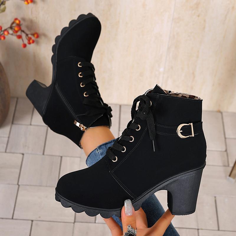 Women's Casual Block Heel Ankle Boots Lace Up Side Zipper Platform Short Boots Woman 2025 Autumn Comfort Chunky Heel Botas Mujer