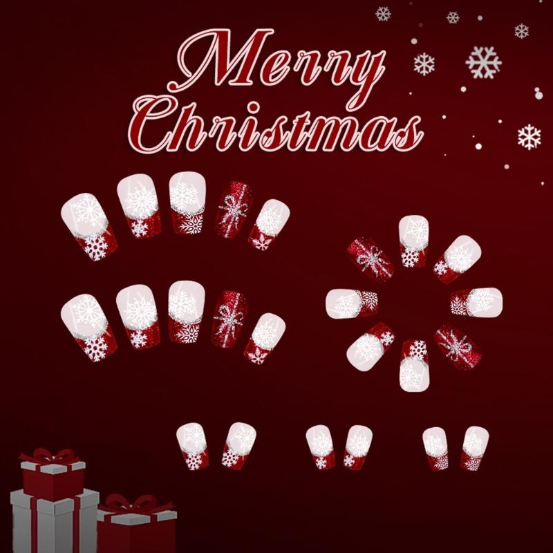 Festive French Styles False Nail With Sparkling Snowflakes 24Pc ABS Fake Nail Easy Application for Festive Party