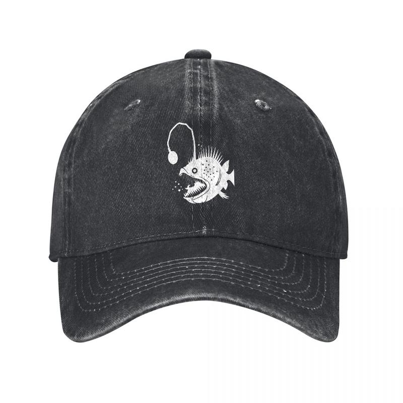 Angler Fish Design Washed Cotton Baseball Cap Dark Gray Embroidered Sea Creature Pattern Adjustable Dad Hat