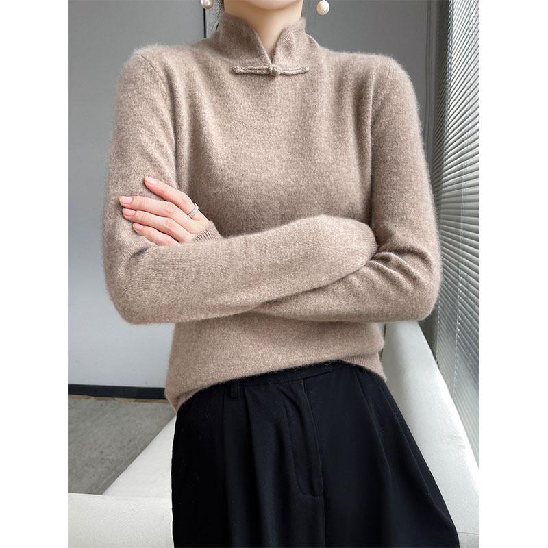 Chinese Retro Knitted High-Neck Cashmere Wool Sweater with Frog Buttons for Women