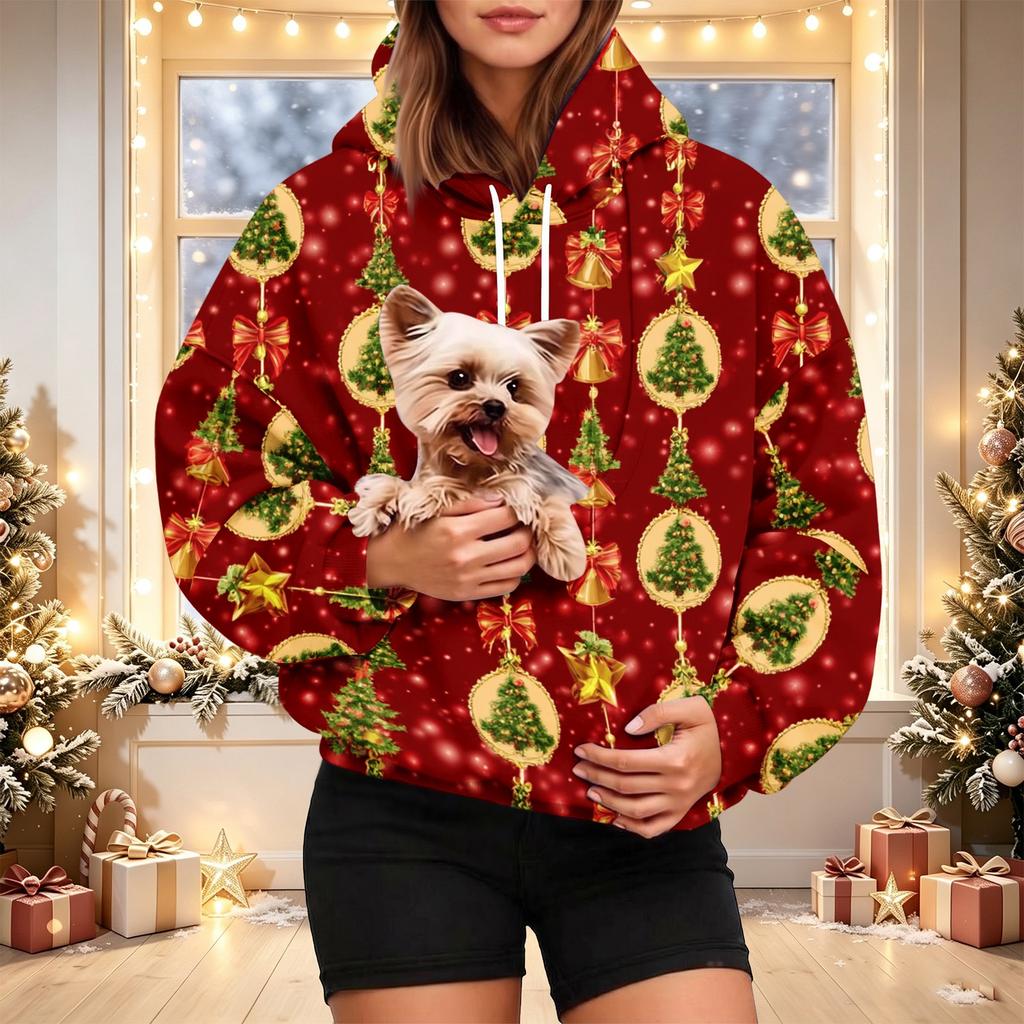 Damen Mode Weihnachtsdruck Hoodie mit Haustier-Tasche, Lässiger Pullover für Feiertagskleidung