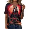 Women's Halloween Printed V-Neck Short Sleeve T-Shirt with Decorative Buttons Casual Top