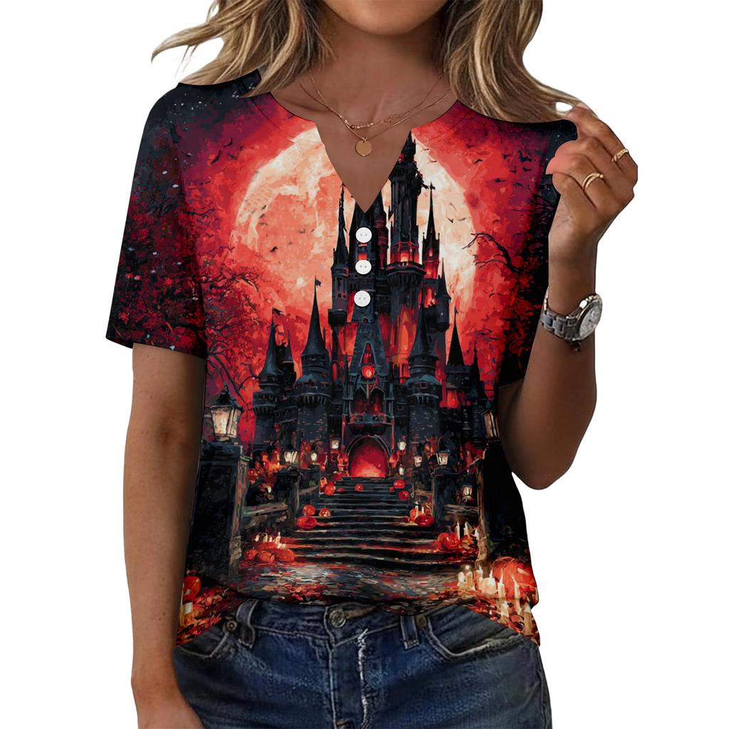 Women's Halloween Printed V-Neck Short Sleeve T-Shirt with Decorative Buttons Casual Top