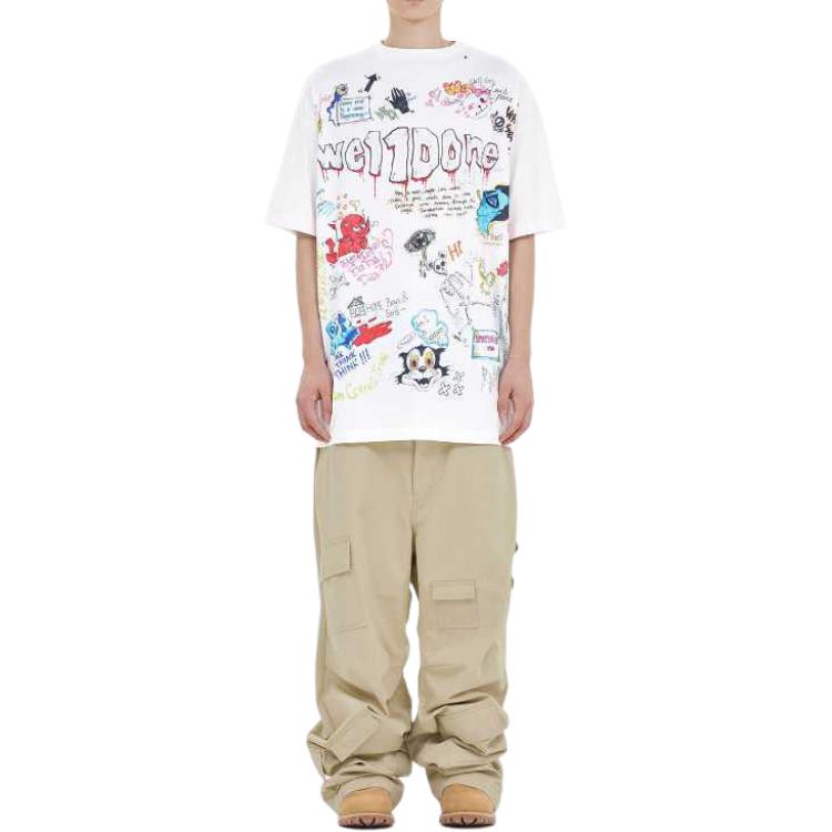 WE11DONE SS24 Graffiti Logo Print Round Neck Short Sleeve T-Shirt Unisex T-Shirts White WD-TT1-24-729-U-WH