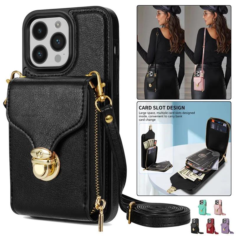 Crossbody Lanyard Leather Zipper Wallet Phone Case for iPhone 17 Air 16E 16 Pro Max 15 Plus 14 13 12 11 XS XR X Flip Stand Cover
