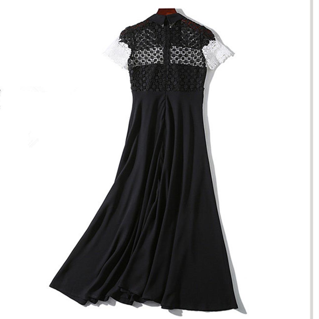 Summer New Arrival Black White Lace Chiffon Patchwork Slim-Fit Long Dress for Women Fashionable Short Sleeve Pleated Midi Dress