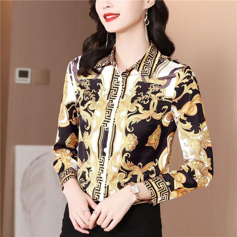 

Satin Collar Printed Long Sleeve Shirt Satin Lapel Print Long sleeve Shirts X6526 S