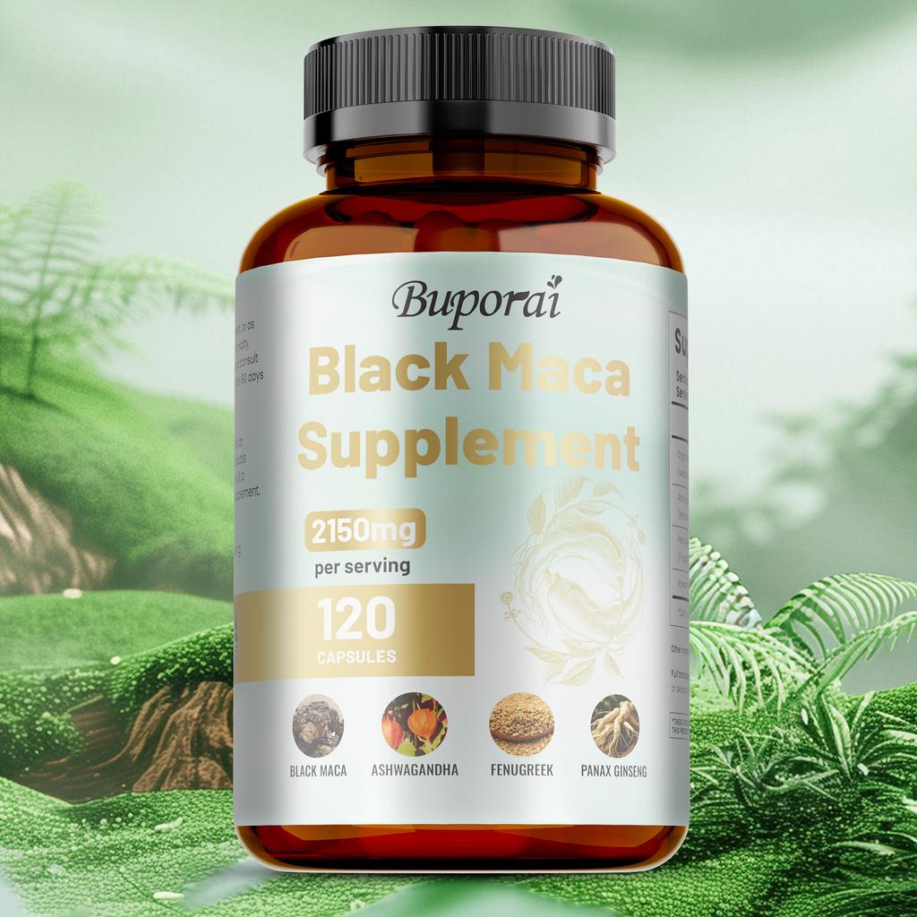 Organic Black Maca Capsules Containing Ashwagandha and Fenugreek Extracts, 2150 Mg Per Serving, an Energy Supplement.