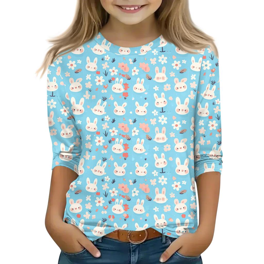 Print Tops For Youth Girls Round Neck 3/4 Sleeves T-Shirts Trendy Tops Outfit Tees