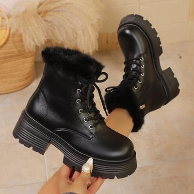 Herbst Winter Pelzige Damen Schneestiefel Elegant Schnürschuhe mit Höhenerhöhung Damen Outdoor Warmhalten Baumwolle Kurze Stiefeletten