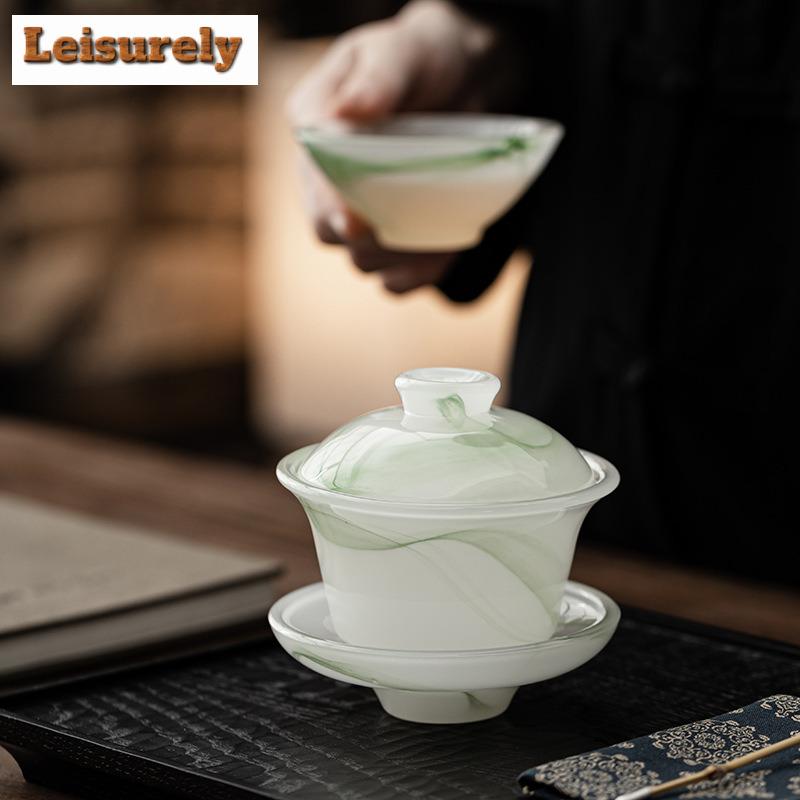 170ML Ancient Method Azure Stone Gaiwan Vintage Three Piece Non Hot Tea Tureen Household Tea Brewing Cover Bowl Drinkware Craft