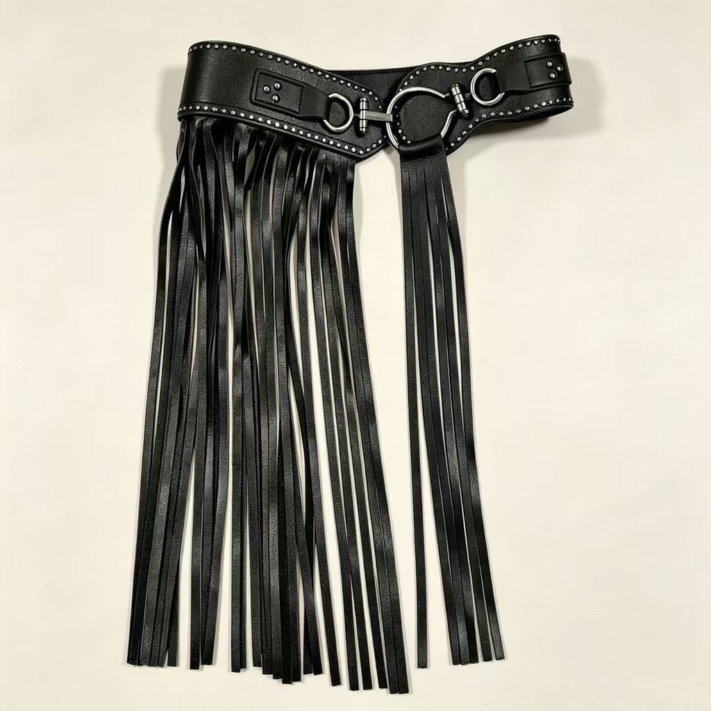 Black Leather Belt With Tassel Details For Summer Streetwear Fashion