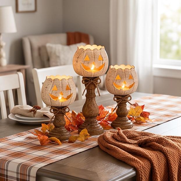 Rustikální bílý dýňový držák na čajovou svíčku   Farmářské podzimní stolní dekorace na Halloween, Den díkůvzdání, Sezónní dekorace s víceúrovňovým designem lucerny