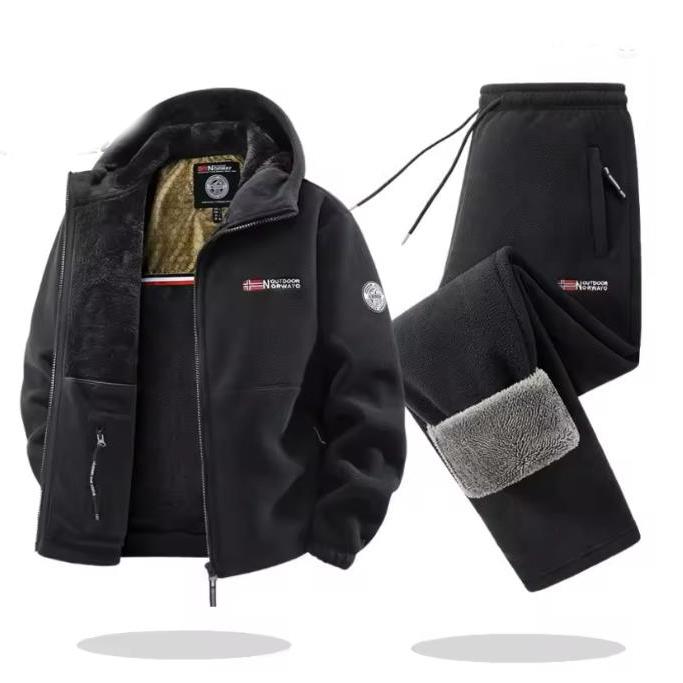 Autimn Winter Sportswear Set Mens Retro Training Thick Fleece Jacket + Pants Two Piece Set Casual Ski Running Tracksuit Suit