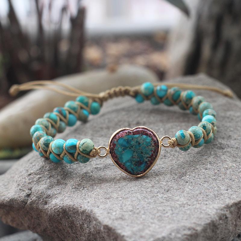 Bohemian Red Heart-Shaped Redwood Stone Double-Layer Woven Women's Bracelet