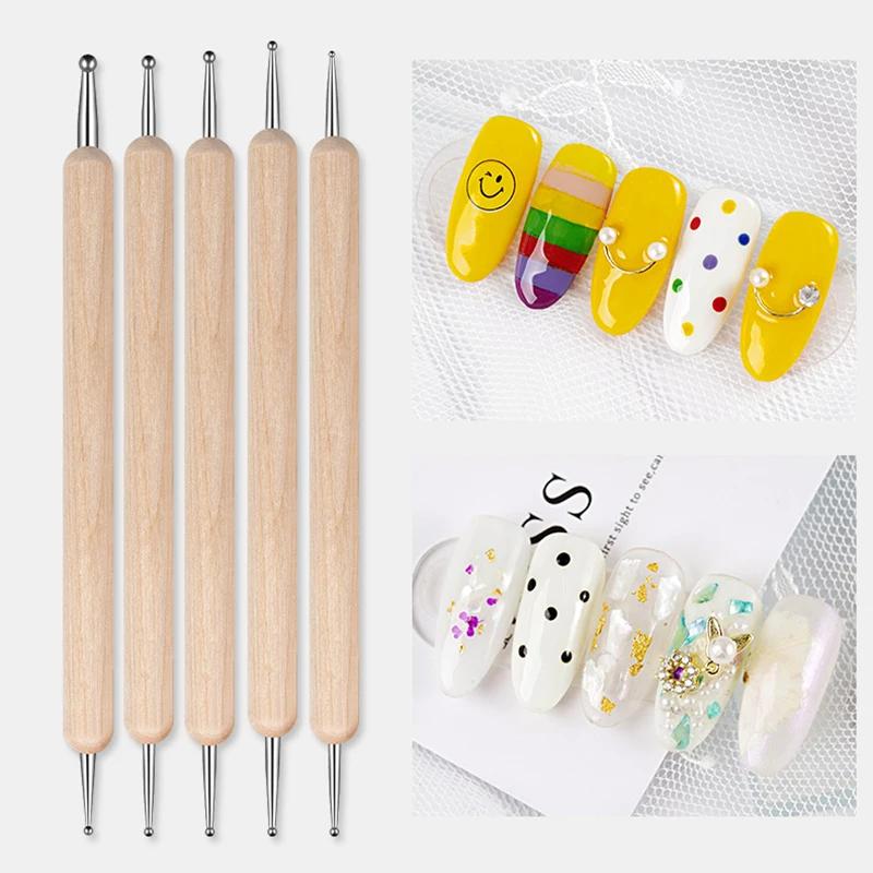 RHJB Nail Point Drill Pen Wooden Pen Bar Stirring Nail Polish Draw Five Petals Flower Polka Dot Double Head Stainless Bar Pen