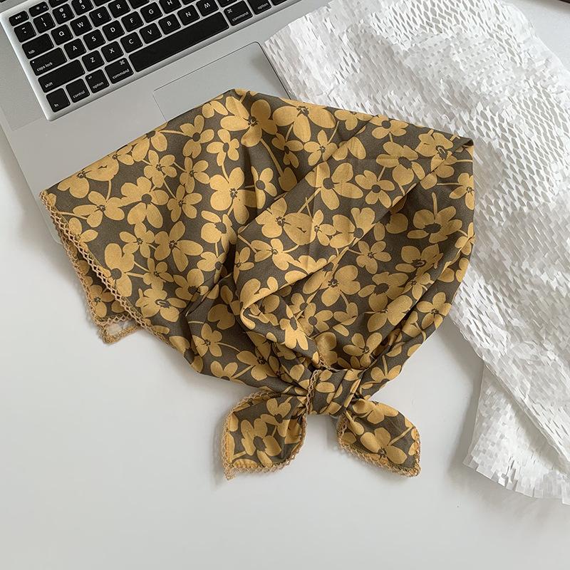 Ladies silk scarf square scarf high sense spring and summer retro small floral headscarf pastoral literary scarf