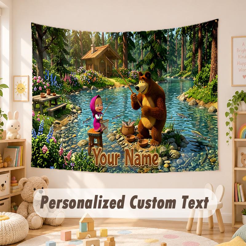 Custom Name Text Tapestry,Masha and the Bear Boho Wall Hanging, Decorative Backdrop Tapestry For Room