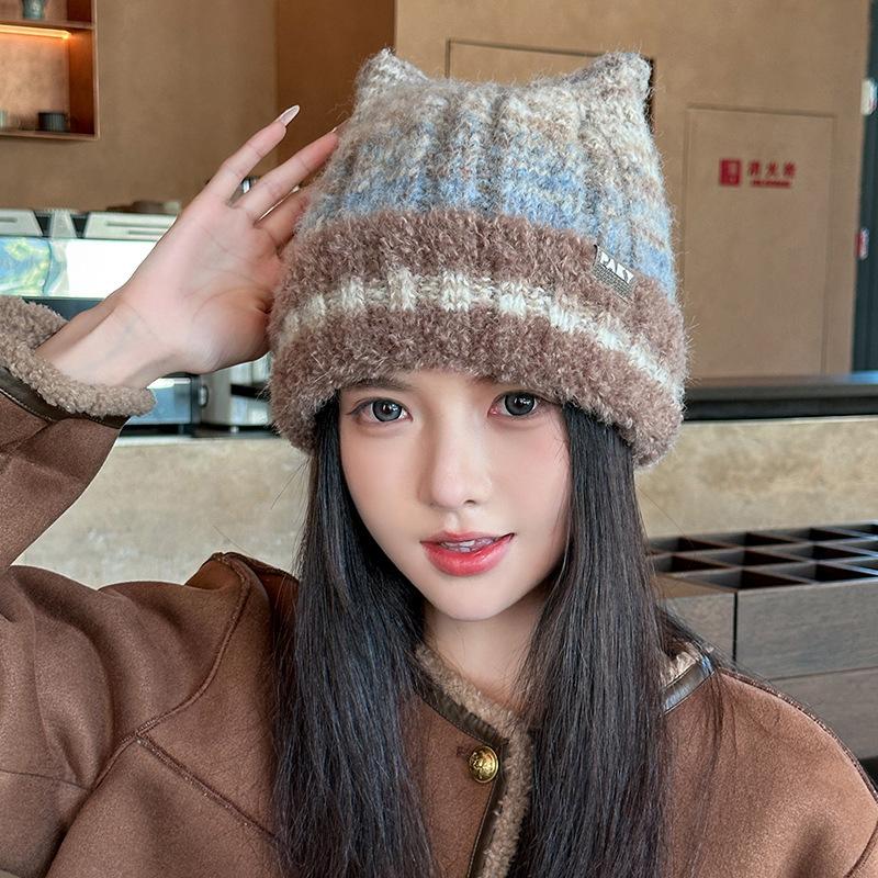 Contrasting Colors Cute Cat Ears Wool Hat Women'S Season Cold Protection Ear Protection Headgear Showing Face Small Pullover Knitted Hat