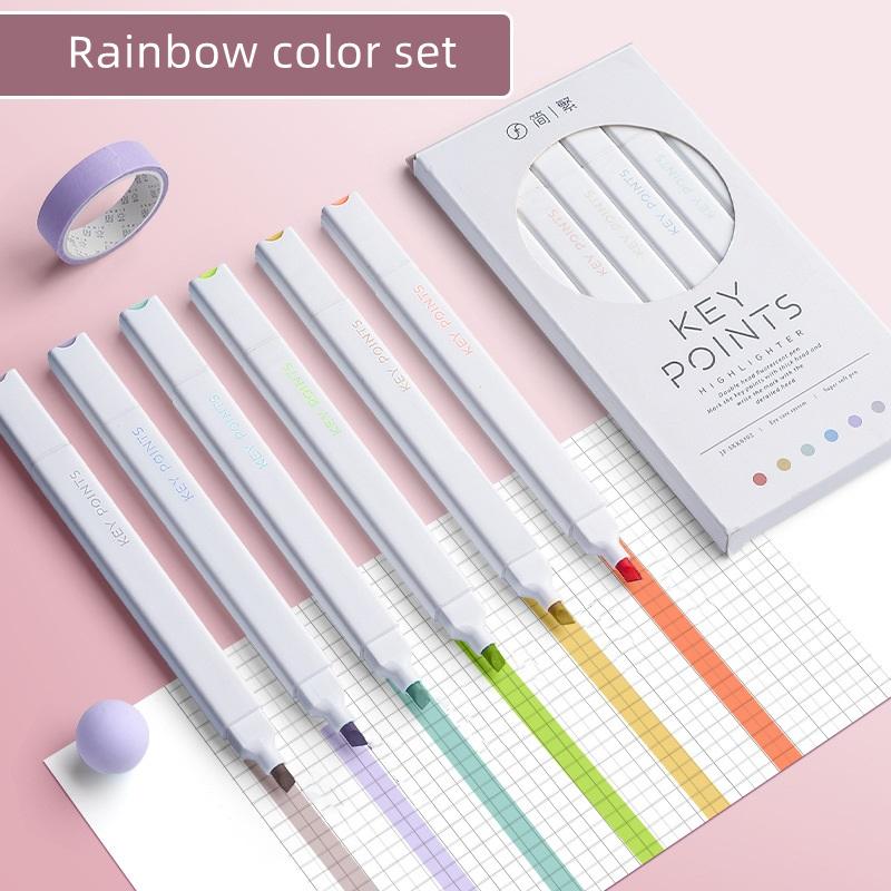 Juego de 6 Rotuladores Resaltadores de Color Suave Puntos Clave Doble Punta Pincel Grueso Marcador Fineliner Dibujo Oficina Escuela