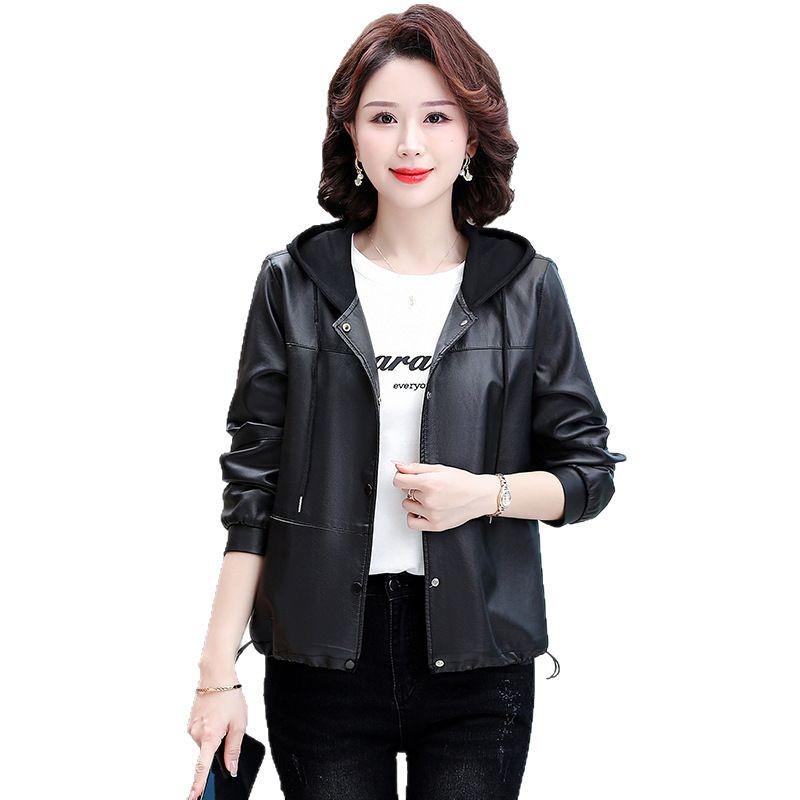 Women's Spring Hooded PU Leather Jacket - Short Style for Middle-Aged and Elderly Ladies