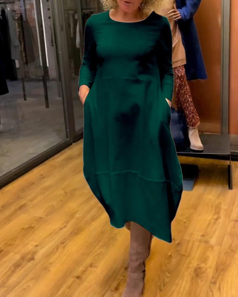 Vestido de Otoño/Invierno 2024 Moda Europea y Americana Color Sólido Manga Larga Cuello Redondo para Mujer