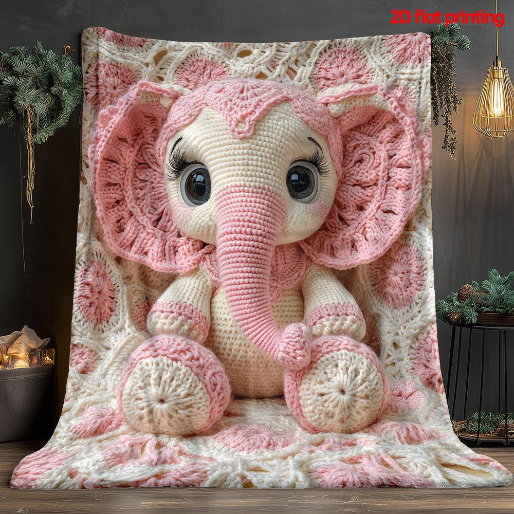 2D Pink Crochet Elephant Print Throw Blanket, Soft Lightweight Warm Digital Print Blanket for Bed Sofa Couch Office Camping, 1PC 75X95CM