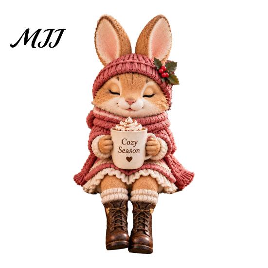Soft Aesthetic Room Ornaments Christmas Animal Shelf Sitter Figurine, Woodland Statue with Mug, Dangling Leg Detailed Texture Figurines Mantel Decor,