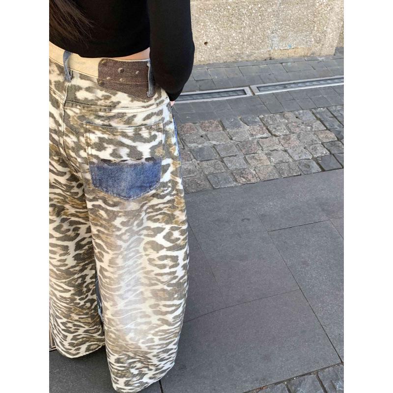 Women's American Retro Leopard Print Wide-Leg Jeans