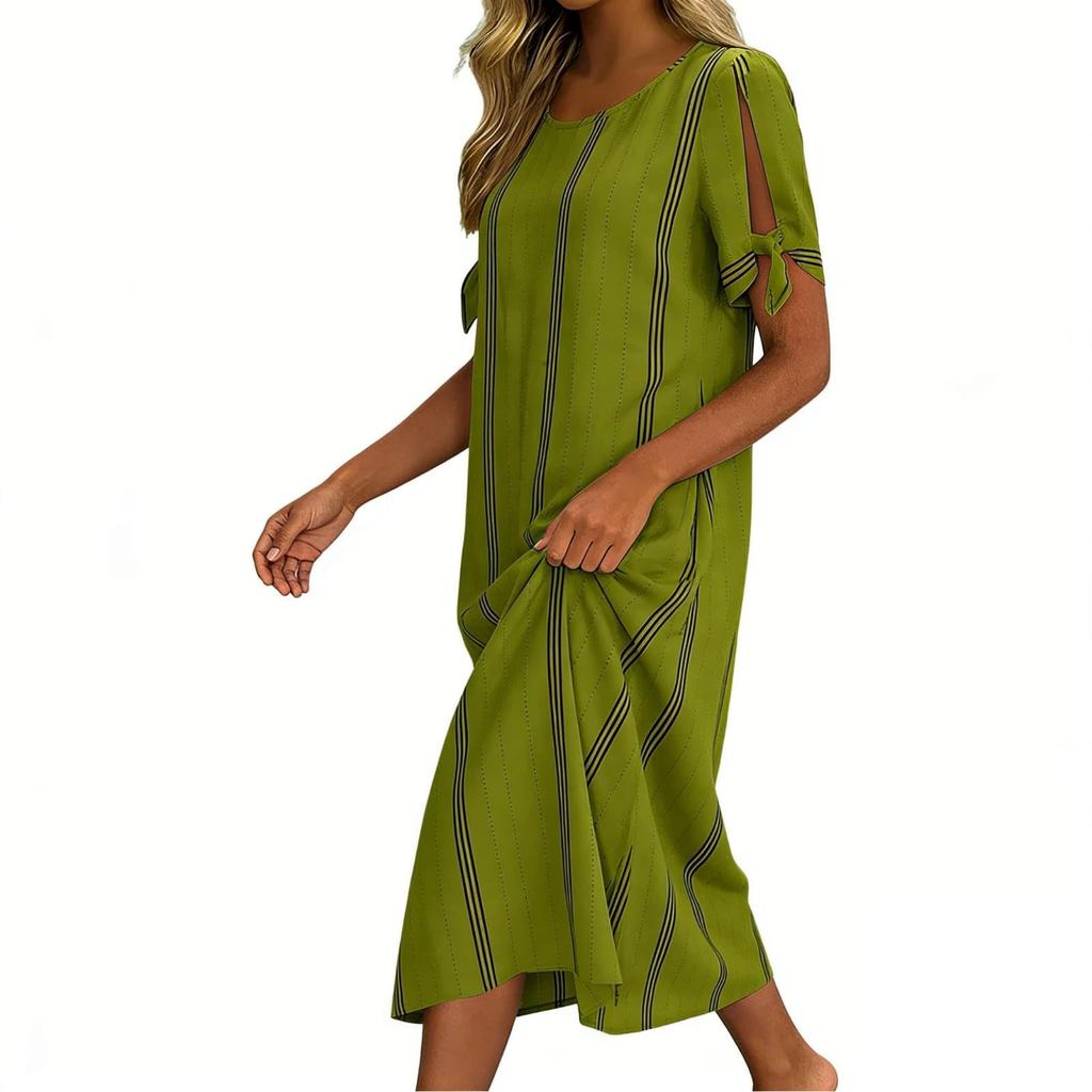 Women Summer Casual Round Neck Striped Dress Short Sleeve Loose Fit Midi Dress with Side Tie Sleeves and Pockets