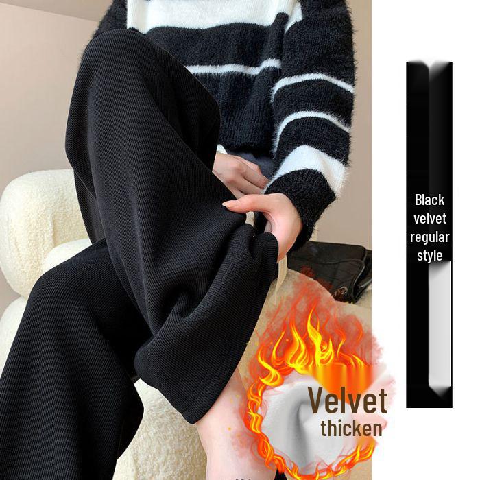 

2024 Флисовые брюки с высокой посадкой и широкими штанинами для женщин - Новые осенне-зимние маленькие повседневные брюки S чёрный