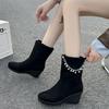 Fashion Luxury Pearl Chain Decoration Mid Calf Boots Women Autumn Sexy Solid Black Suede Boots Comfort Round Toe Medium Heel Booties