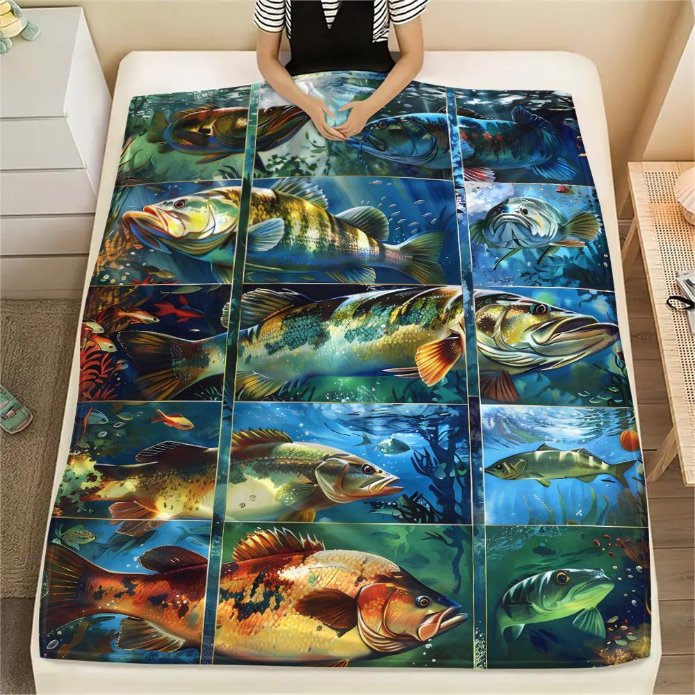 1Pc American Bass Fishing Print Flannel Blanket, High quality Comfortable for All Seasons, Home Decor, Warmth and Comfort, Perfect for Christmas Gifts