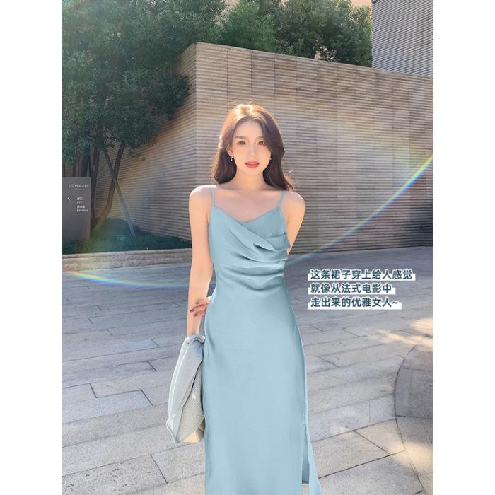 Acetate satin French dress women s summer high-end temperament suit inside slim-fitting base sexy suspender skirt S