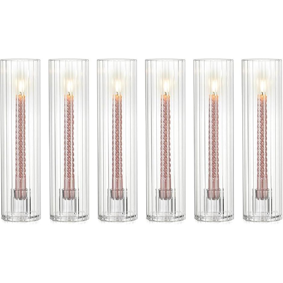 NUPTIO Taper Candle Holders for Centerpiece: Ribbed Hurricane Glass Candlestick Holder - Set of 6 Windproof Fluted Candle Stick Stand for Fall