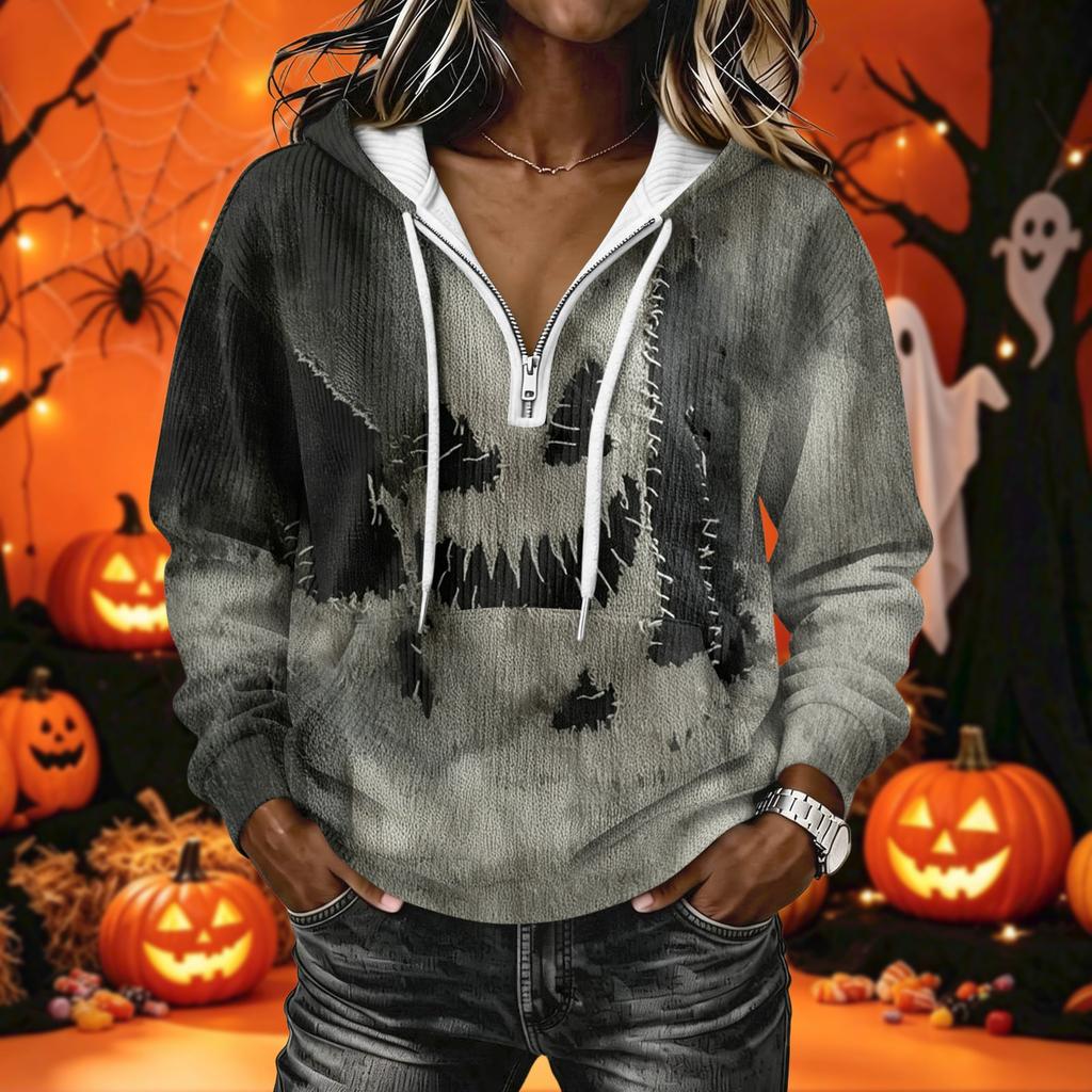 Women's Halloween Print Long Sleeve Hoodie Pullover Sweatshirt