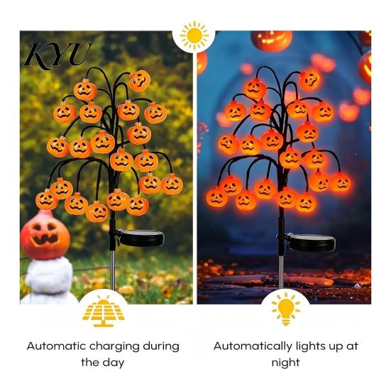 Outdoor Ambient Illumination Solar Pumpkin Stake Lights, LED Glowing Garden Light, Halloween Auto Sensing Lawn Lamps Yard Lantern, IP65 Waterproof