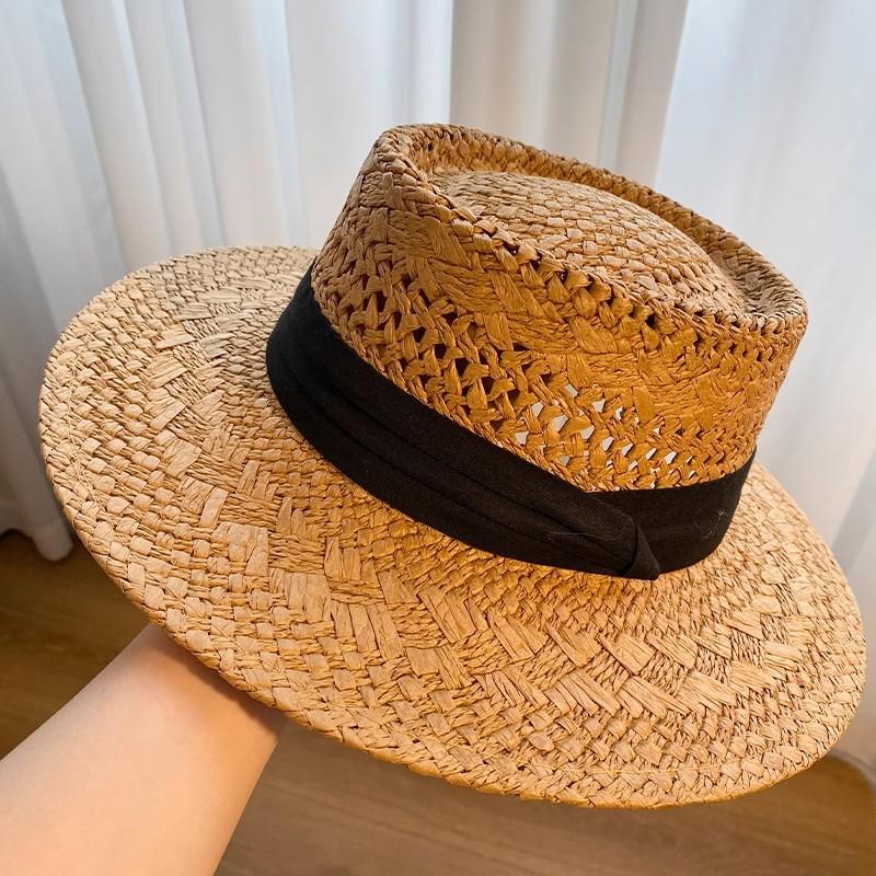 Lace Bow Straw Hat Women's Summer French Large Brim Sunscreen Hat Seaside Beach Vacation Sun Hat