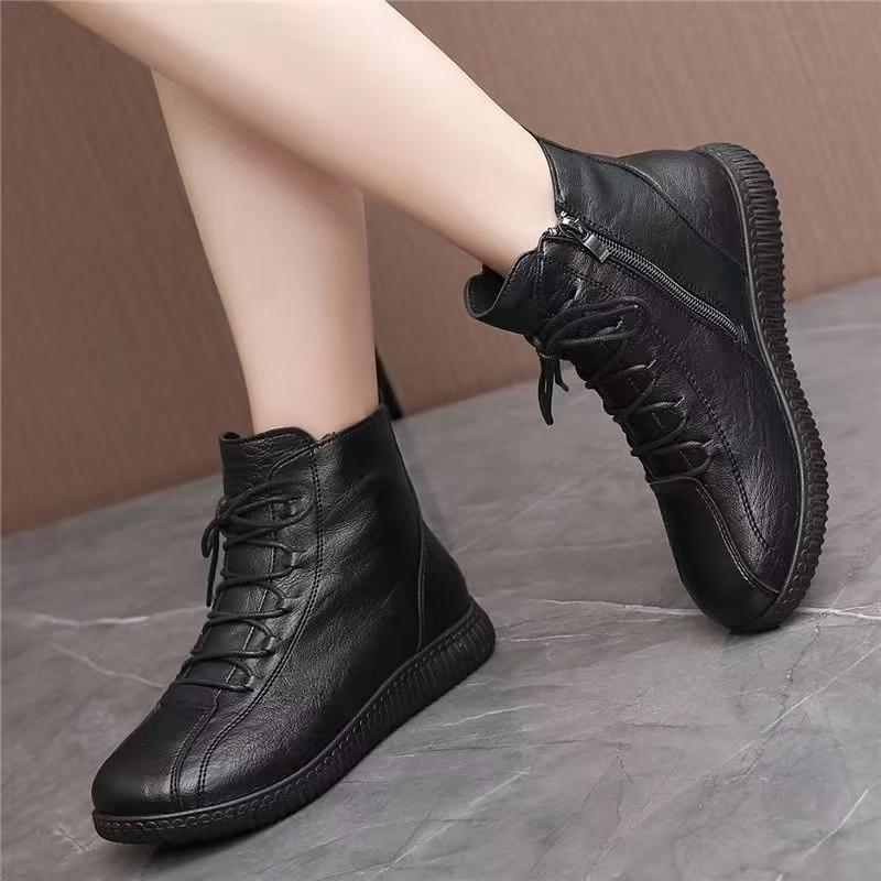 Women Winter New Leather Ankle Snow Boots Waterproof Non Slip Thicken Plush Keep Warm Round Toe Flat Sole High Top Cotton Shoes