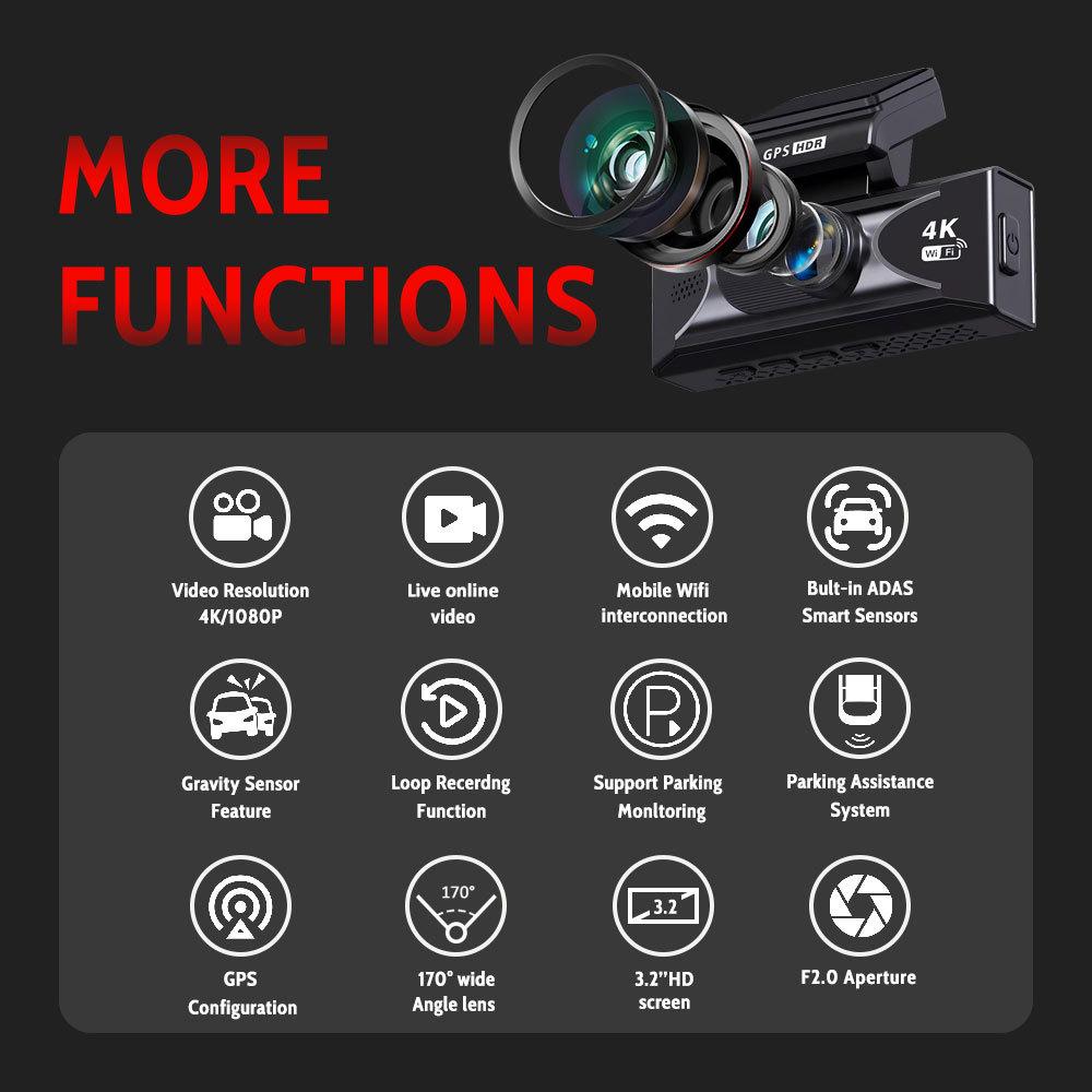 4K Dual Lens Dash Cam, Front and Rear Recording, Super Wide Angle, Night Vision, WiFi, GPS