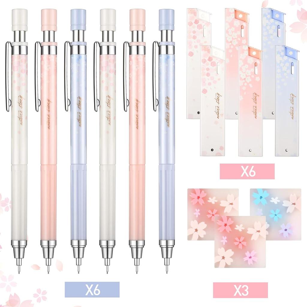 15 Pcs 0.5 mm Mechanical Pencil Set Include 6 Pcs Japanese Cute Pencils with 6 Tubes Pencil Refill and 3 Cute Cherry Erasers for Sketching